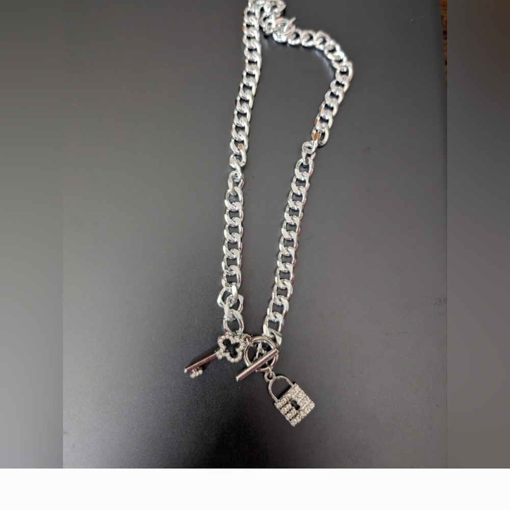 Silver Chain Necklace with Lock and Key Charms